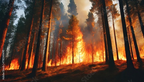 big forest fire in pine stand