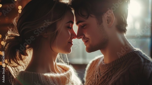 Beautiful young couple in love is hugging and smiling while sitting in cafe