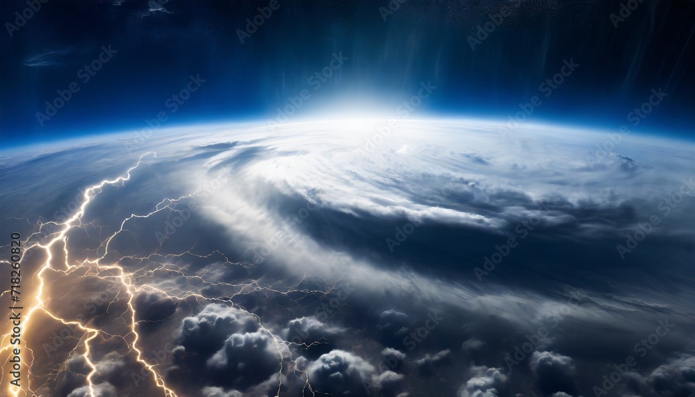 thunderstorms dark sky seen from space high altitude light up the night sky stormy cyclone swirling typhoon hurricane catastrophe lightning concept on the theme of weather natural disasters