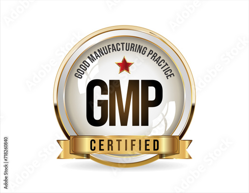GMP Good Manufacturing Practice certified gold stamp on white background  