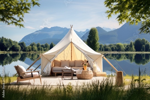 Camping tent on shore of a lake with mountains in the background