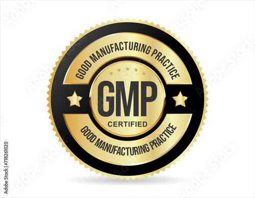 GMP Good Manufacturing Practice certified gold stamp on white background  