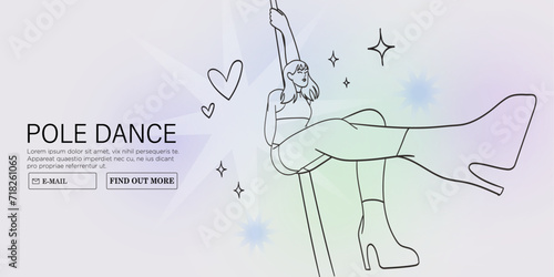 Young sexy female character in lingerie on high hills perform pole dance in fitness studio or competition. Modern fitness classes for women vector illustration. Poledancer stretching or exercising.