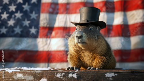 Fluffy groundhog in vintage cylinder hat standing on the tribune on the american USA flag background/ Groundhog Day celebration, February 2nd photo