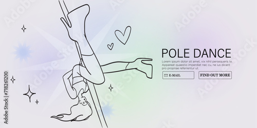 Young sexy female character in lingerie on high hills perform pole dance in fitness studio or competition. Modern fitness classes for women vector illustration. Poledancer stretching or exercising.