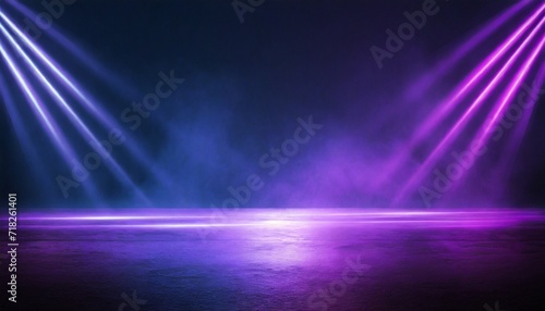 dark stage shows blue and purple background an empty dark scene laser beams neon spotlights reflection on the asphalt floor studio room with smoke floating up for display products
