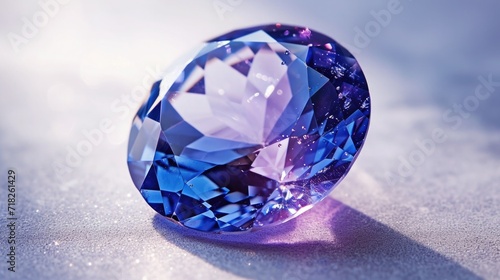 Tanzanite flaunting its exquisite indigo and violet sparkles, on a pristine white surface photo