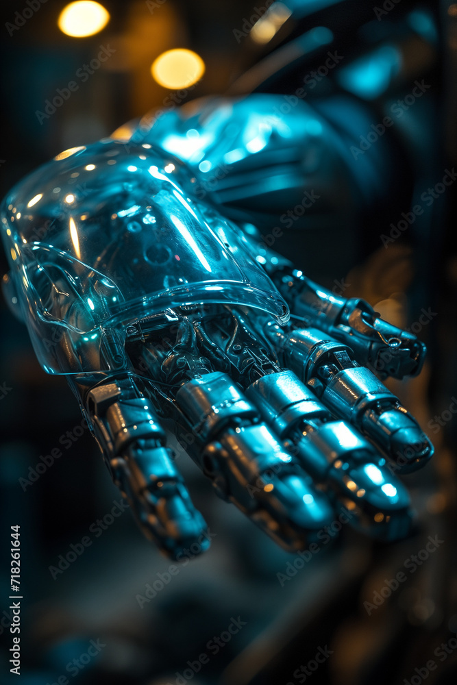 illustration of a close-up view of robot hand with analog tech glass gauntlet with bizarre black and green, surreal photography illustration of a close-up view of robot hand with analog tech glass gauntlet with bizarre black and green, surreal photography