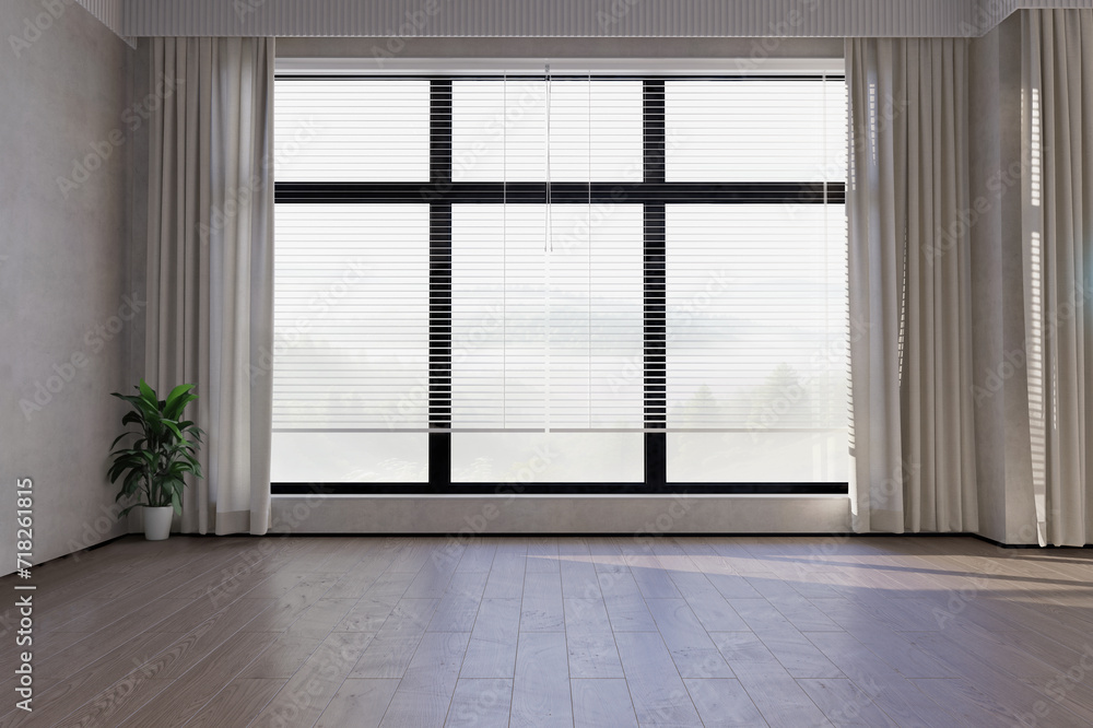 Minimalist empty interior with big window. 3d render, mock up for furniture placement