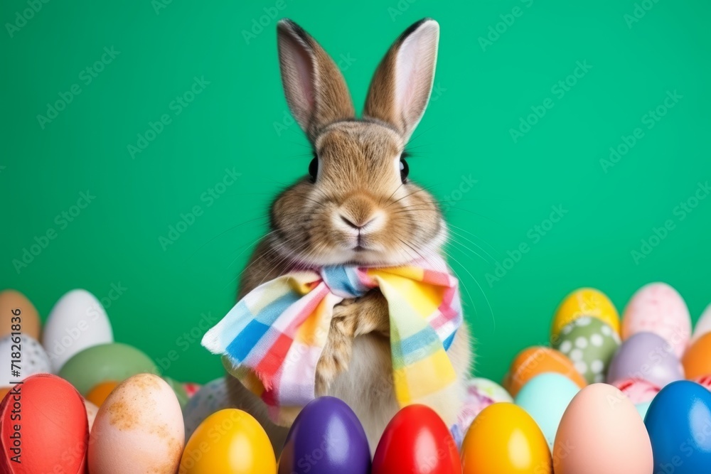 portrait of a cute bunny wearing knitted hat, scarf and easter eggs, colorful background
