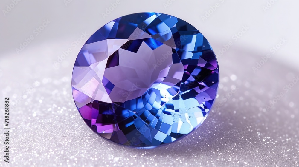 Tanzanite flaunting its exquisite indigo and violet sparkles, on a pristine white surface Tanzanite flaunting its exquisite indigo and violet sparkles, on a pristine white surface