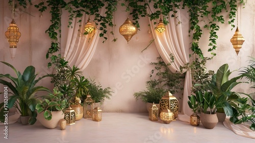 Peaceful Alcove Adorned with Golden Lanterns and Plants