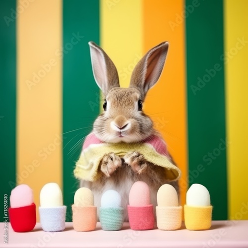 portrait of a cute bunny wearing knitted hat, scarf and easter eggs, colorful background

