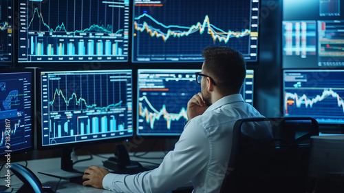 Finance and Banking, A financial analyst in a corporate office, analyzing data on multiple screens, surrounded by financial charts