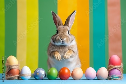portrait of a cute bunny wearing knitted hat, scarf and easter eggs, colorful background  © cristian