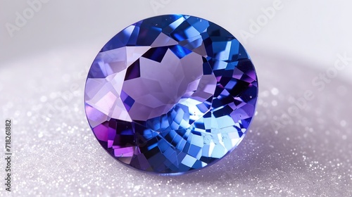 Tanzanite flaunting its exquisite indigo and violet sparkles, on a pristine white surface photo
