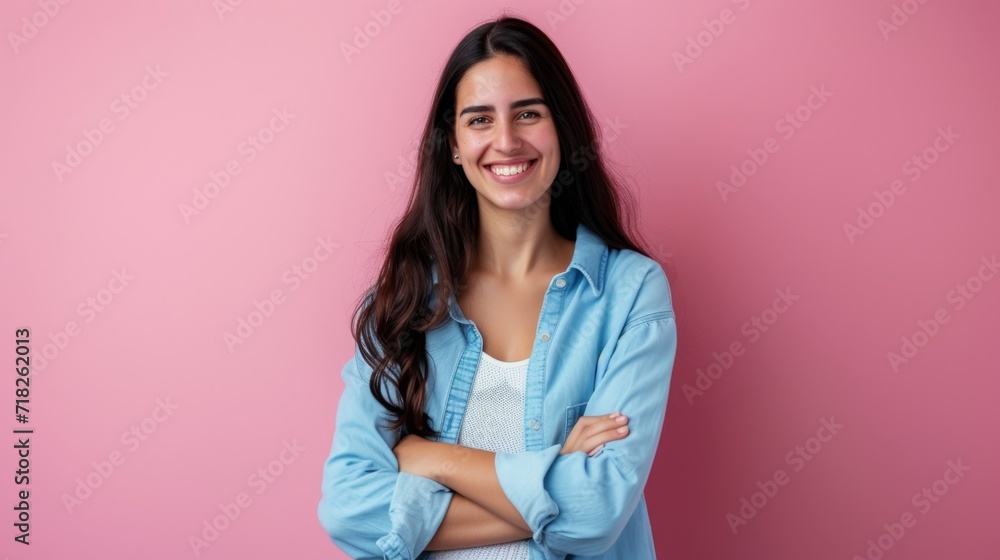 Smiling Woman in Blue Shirt on Pink Background Smiling Woman in Blue Shirt on Pink Background