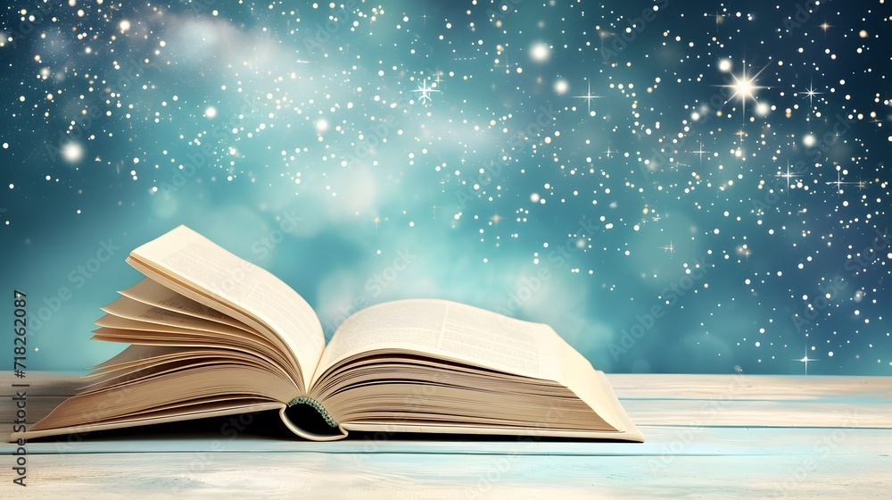 Open Book on Table with Stars and Space Background Open Book on Table with Stars and Space Background