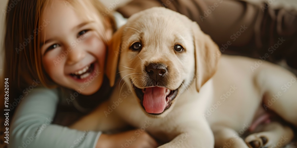 Joyful young girl laughing with her happy puppy. best friends enjoying a moment together. cozy home friendship. AI Joyful young girl laughing with her happy puppy. best friends enjoying a moment together. cozy home friendship. AI