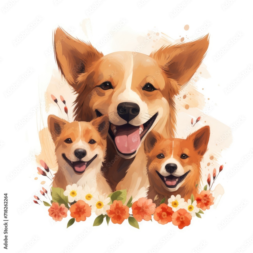 Illustration of a family of dogs with flowers on a white background.