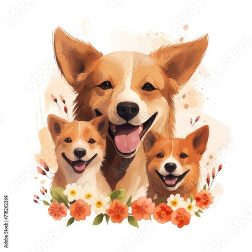 Illustration of a family of dogs with flowers on a white background.
