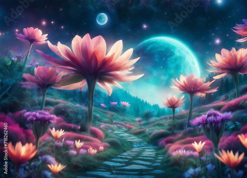 This enchanting image captures a mystical landscape bathed in the soft glow of a radiant moon  making it an ideal choice for projects related to fantasy  nature  and serenity.