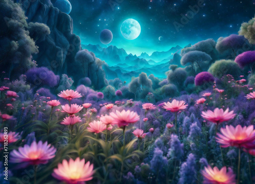 This enchanting image captures a mystical landscape bathed in the soft glow of a radiant moon, making it an ideal choice for projects related to fantasy, nature, and serenity. © Tetyana Pavlovna