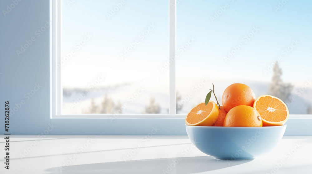 Oranges posées sur le comptoir d'une cuisine, à côté d'une fenêtre donnant sur un paysage ensoleillé et avec de la végétation. Ambiance lumineuse, très claire. Pour conception et création graphique. - obrazy, fototapety, plakaty 