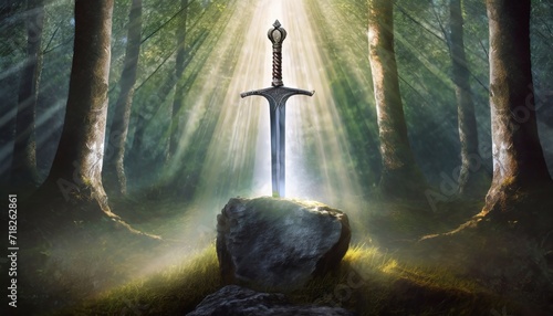 excalibur sword in the stone with light rays in a dark forest digital illustration photo