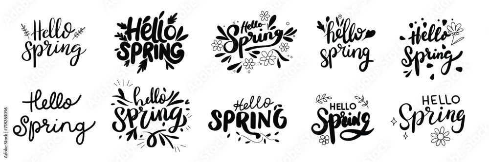 Hello Spring collection text banner. Handwriting Hello Spring set lettering. Hand drawn vector art - obrazy, fototapety, plakaty 