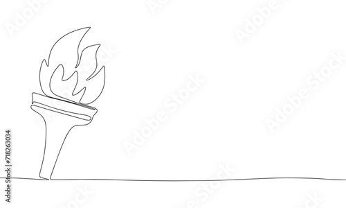 Torch one line continuous. Line art flame torch, sport banner concept. Hand drawn vector art.