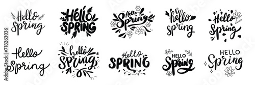 Hello Spring collection text banner. Handwriting Hello Spring set lettering. Hand drawn vector art