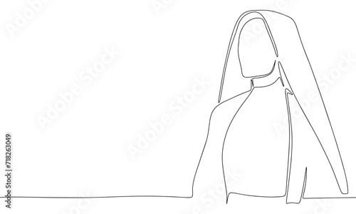 Nun one line continuous. Line art Christian nun, religion banner concept. Hand drawn vector art.