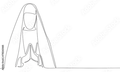 Nun one line continuous. Line art Christian nun, religion banner concept. Hand drawn vector art.