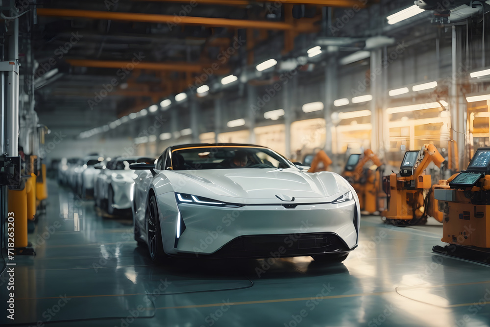 Automated robotics futuristic electric cars factory, generative ai