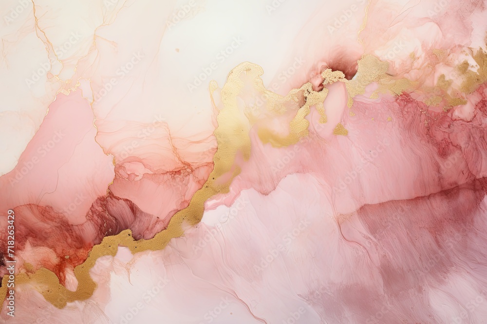Abstract watercolor pink marble alcohol ink texture and luxury realistic gold glitter background