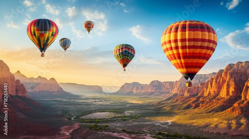 Hot air balloons fly over a beautiful canyon