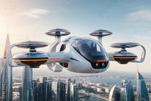 Concept of a passenger drone flying above the city. City transport of future. Air taxi, generative ai © Hammad