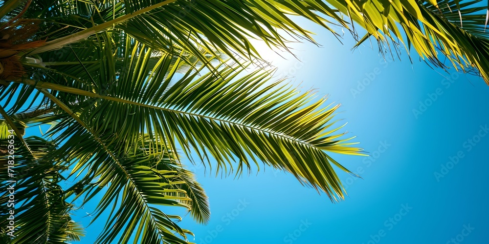 Tropical paradise: upward view of palm leaves against clear sky. summer vacation vibe. perfect for travel and nature themes. AI