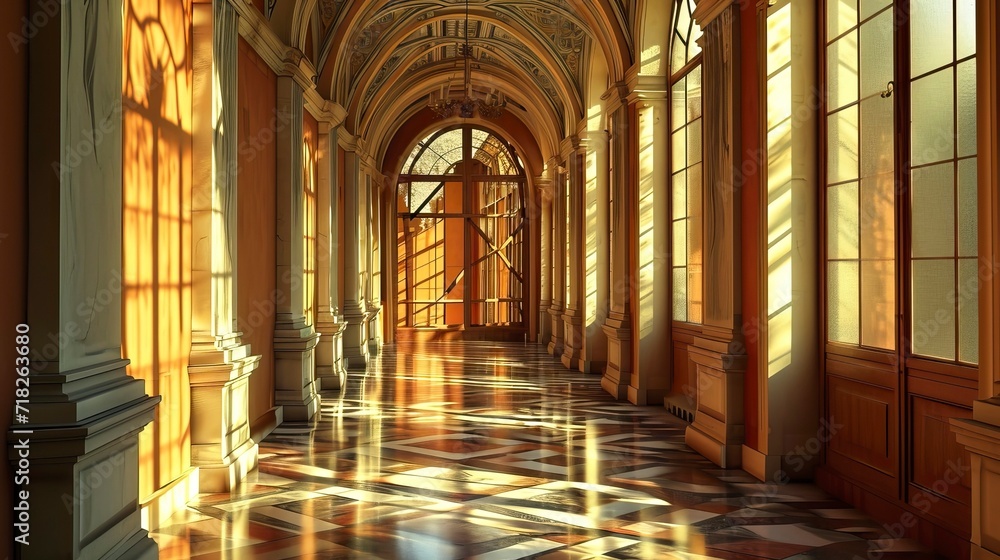 Reflective Tranquility in Sun-Bathed Ornate Hallway