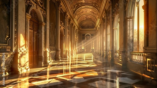 Reflective Tranquility in Sun-Bathed Ornate Hallway © CREATIVE STOCK