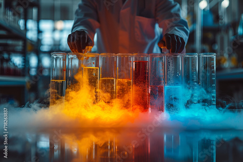 A laboratory with glass flasks bubbling with colorful liquids and a scientist experimenting. Created with generative AI.