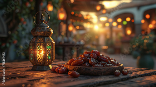 Dates close up in the background. with glowing Lantern on a wooden table Generative Ai photo