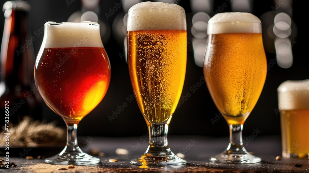 Assorted Craft Beers in Glasses with Bokeh Background Assorted Craft Beers in Glasses with Bokeh Background