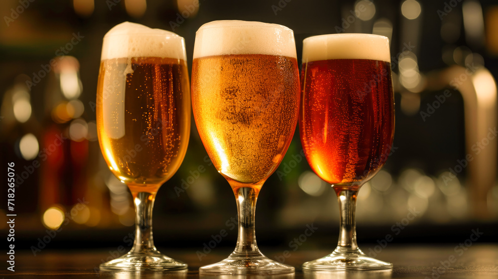 Assorted Craft Beers in Glasses with Bokeh Background Assorted Craft Beers in Glasses with Bokeh Background