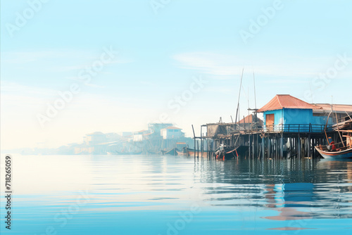 Stilt Houses in Misty Waterfront Village