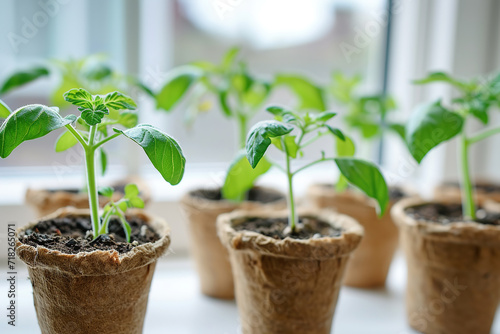 green tomato seedlings in peat pots on white windowsill indoors