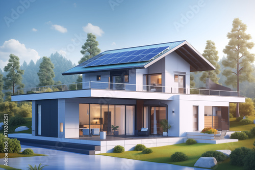 Solar battery on a modern house. Flat style. Generative AI tools © Daria Sauer