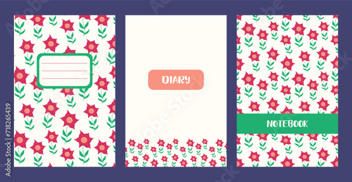 Exercise book Cover floral template. Minimalist Page of Notebook with spring flowers. Universal botanical layouts for diary. Vector design of Summer bright planner in flat style