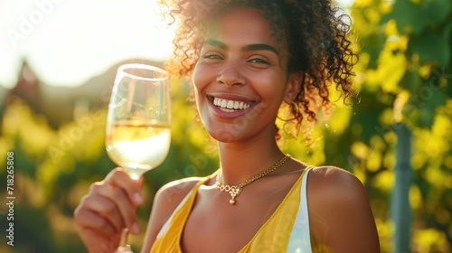 Joyful Woman Enjoying a Glass of Wine in the Vineyard at Sunset